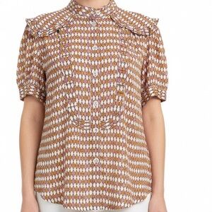 French Connection Short Sleeve Button Down Ruffle Puff Sleeve Top Blouse 8 M